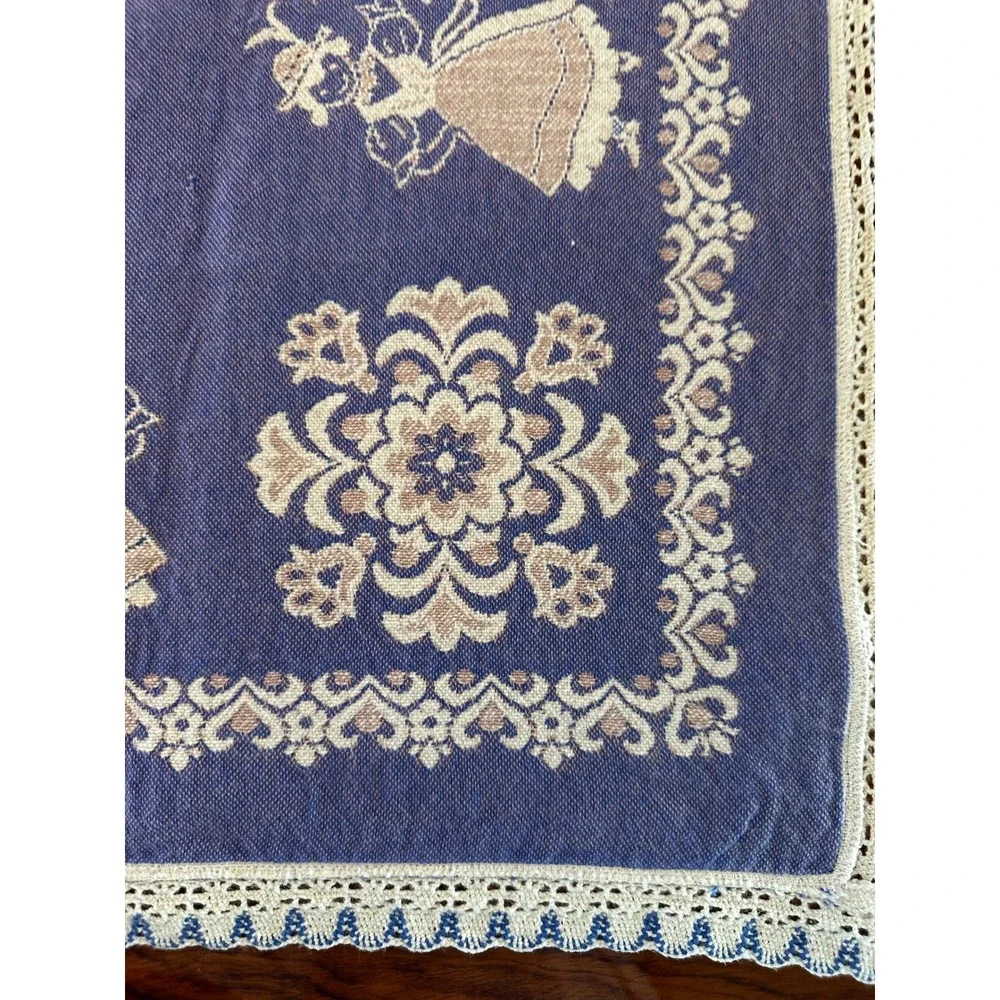 Vintage Blue White Folk Art Woven Tablecloth Lace Trim Bavarian Alpine Figures